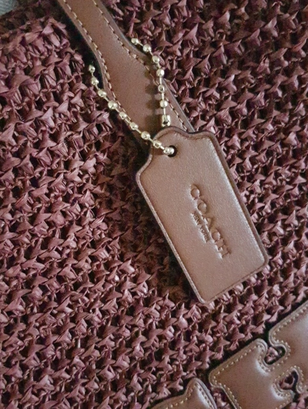 COACH Burgundy Woven Tote Bag -Brown Leather Handles. - Picture 3 of 10